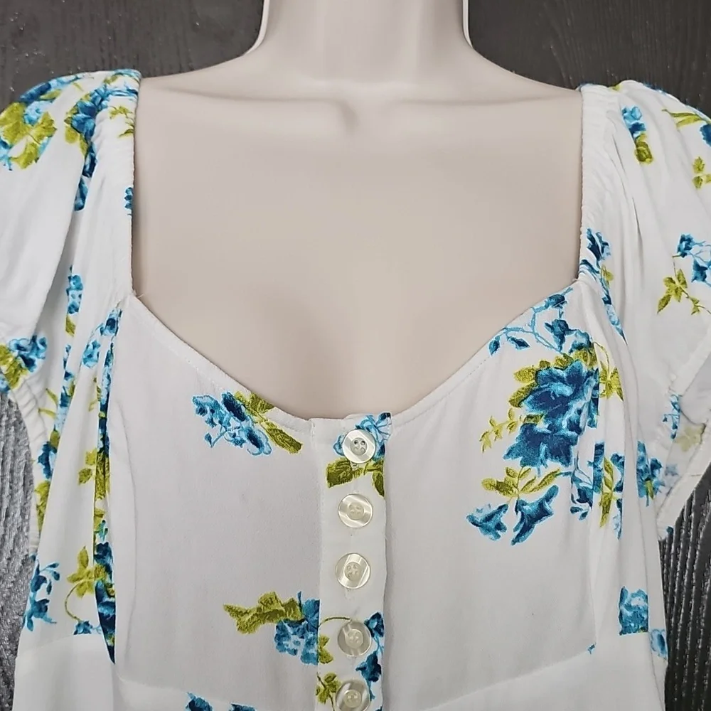 Free People White Floral Button Front Blouse with Blue and Green Print